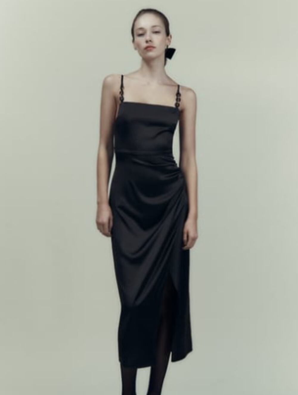 Zara Black Satin Effect Midi / Maxi Dress Gold Chain Spaghetti Straps Medium